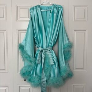 Satin Robe with Feather Trim